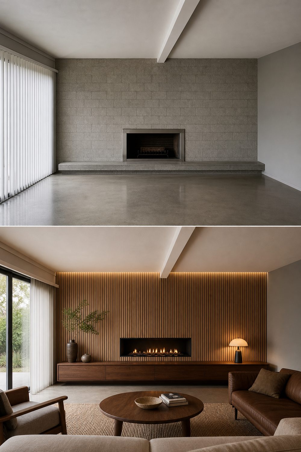 Before and after of a vertical wood slat fireplace wall in white oak