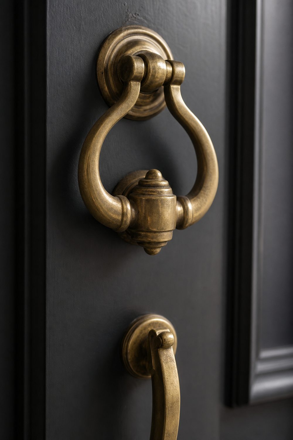 Substantial aged brass door knocker and matching handle on a deep charcoal painted door, raking side light showing patina