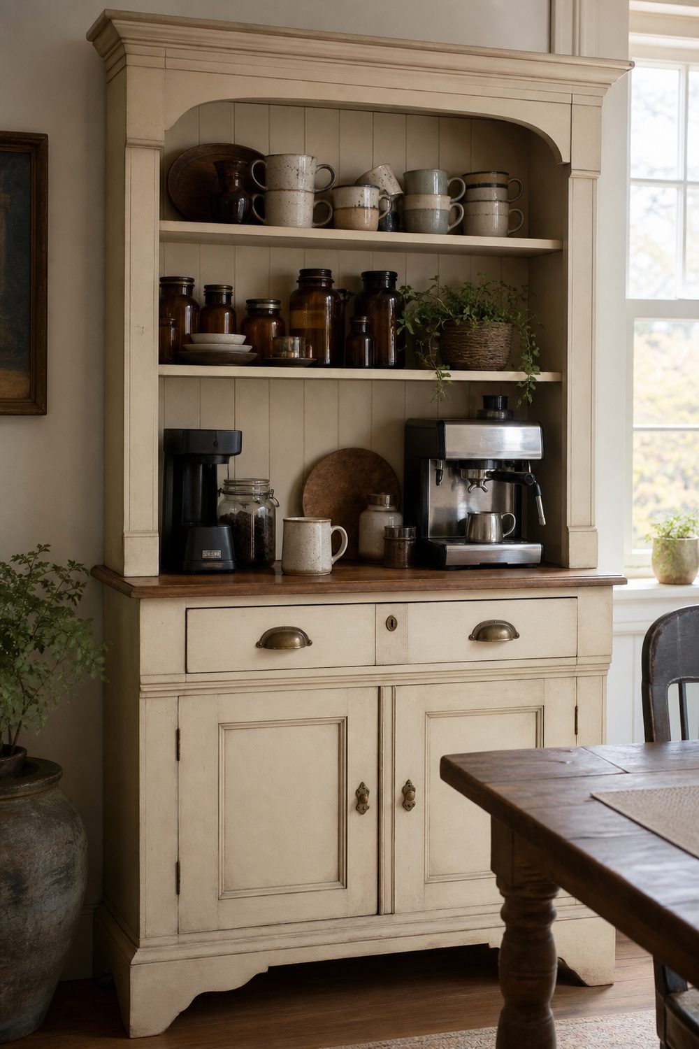 Cream painted vintage hutch coffee station with mugs and amber glass jars on the upper shelves