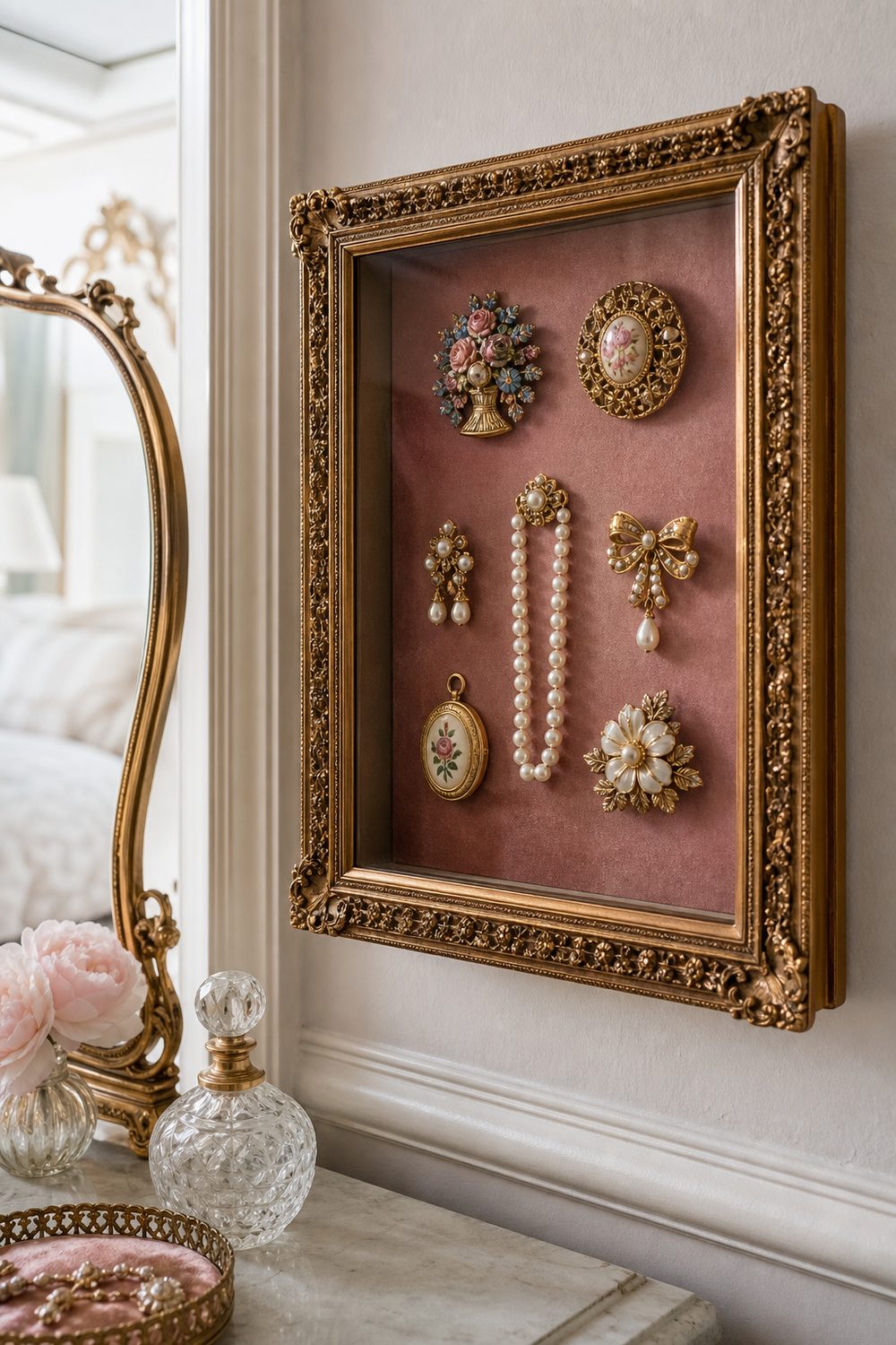 Vintage jewelry shadow box with brooches, pearls and a locket pinned on dusty rose velvet in an ornate gold frame