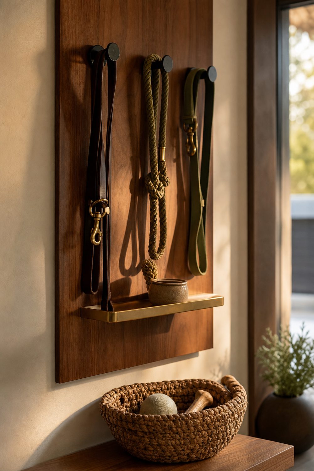 Wall mounted dog leash station with a walnut board, black hooks holding leashes, and a catch all basket