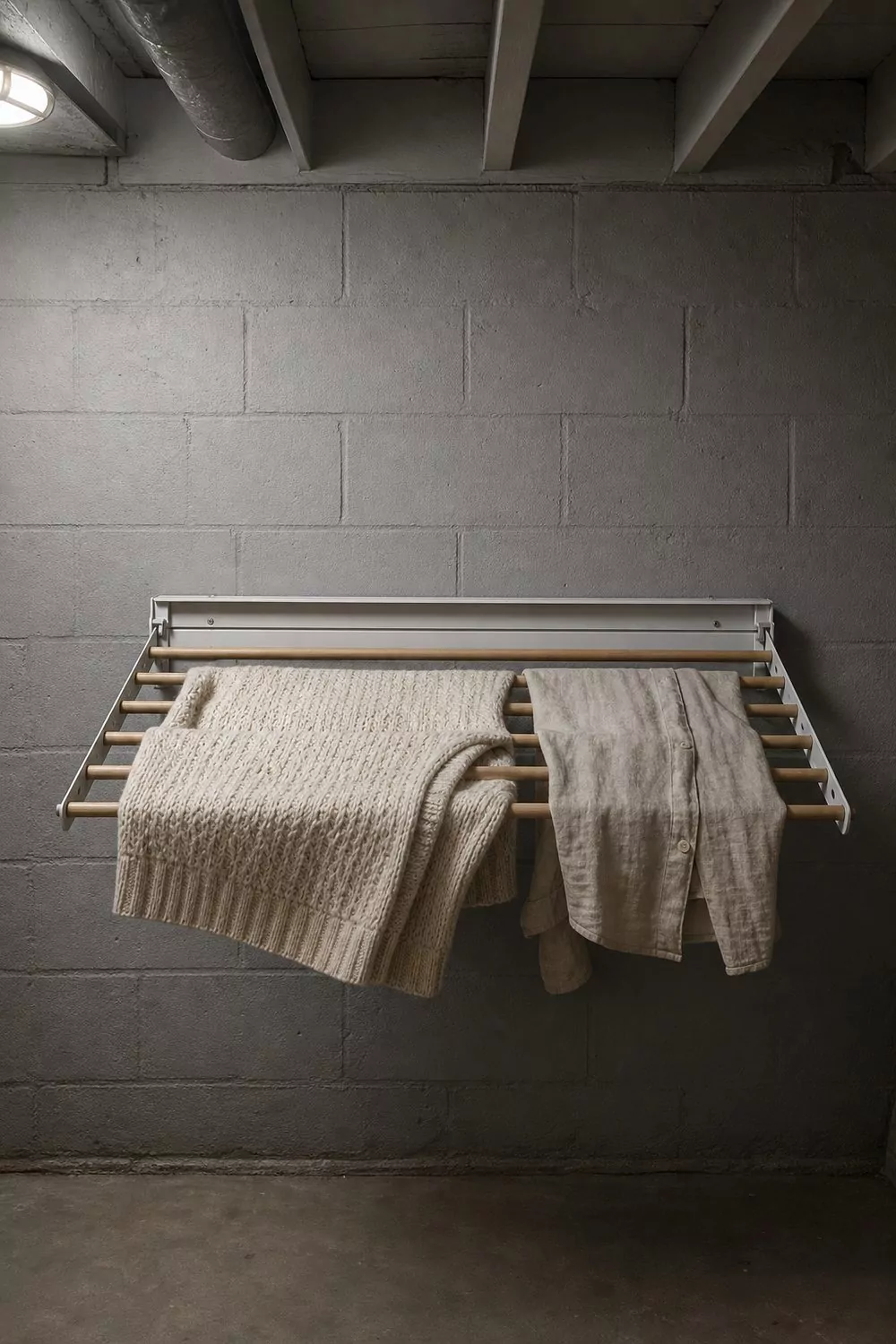 White wall mounted fold down drying rack with beech dowels holding a cream knit sweater and a linen shirt against a concrete block wall
