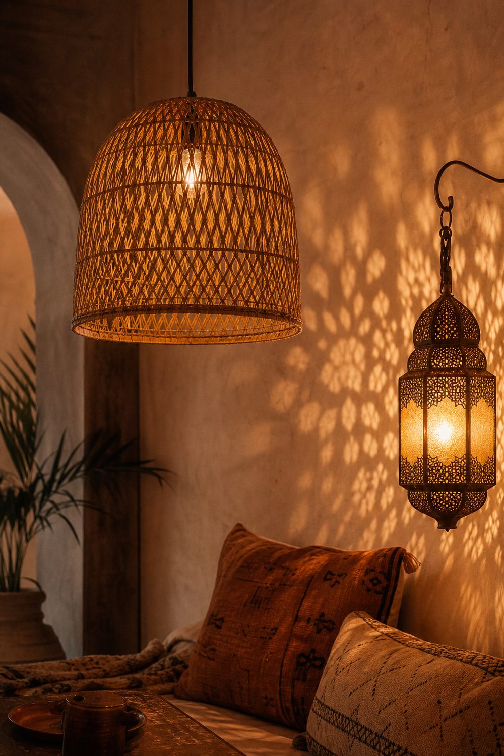 Woven rattan pendant and pierced-metal Moroccan lantern casting warm patterned light on a plaster wall in a boho room