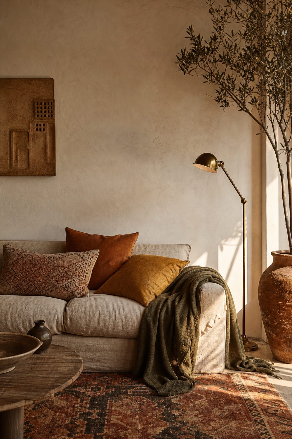 Bohemian seating vignette in a warm earthy palette of terracotta, ochre, and olive with rust cushions and a ceramic urn
