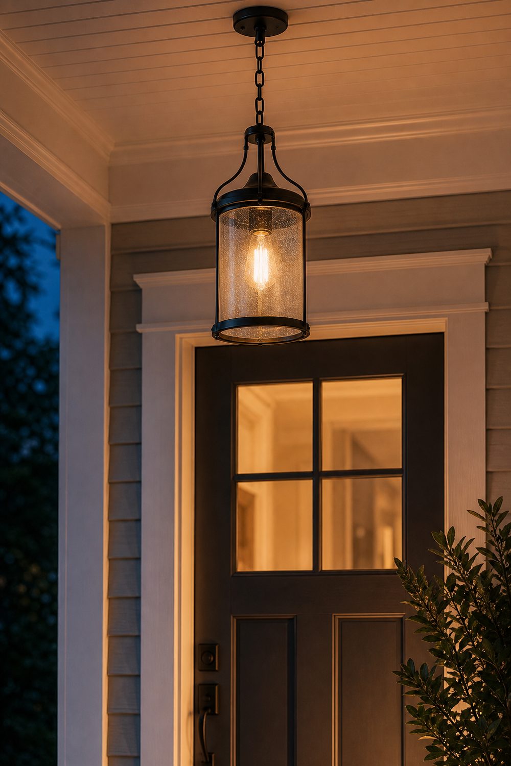 Black seeded-glass porch pendant light glowing warm over a front entry at dusk, casting soft golden light on the door