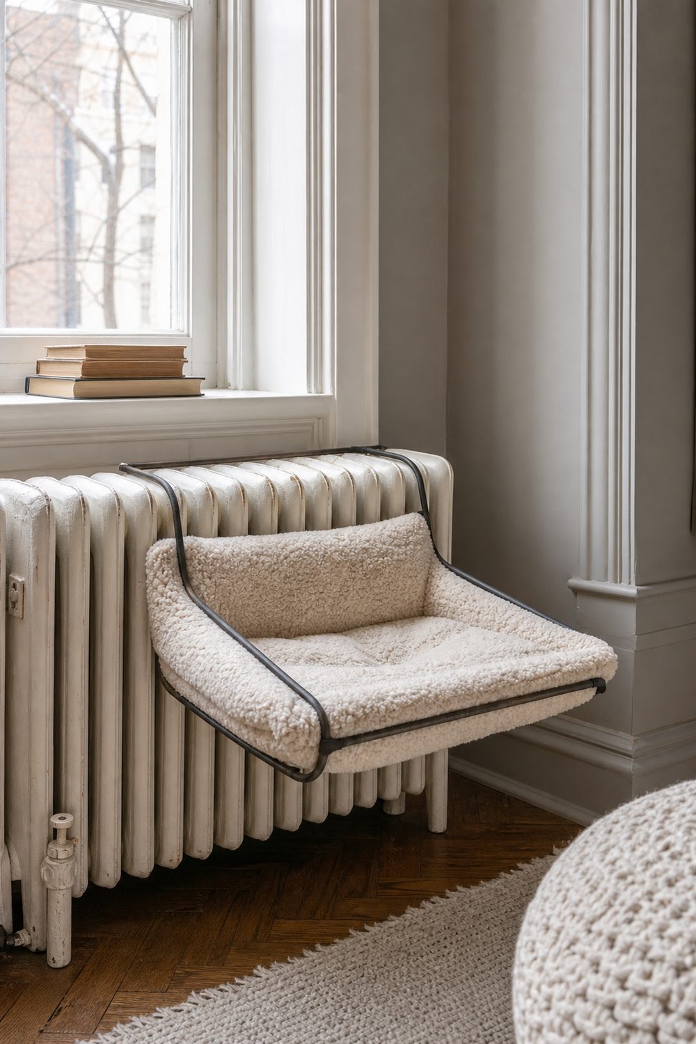 Ivory sherpa radiator cat bed perch hooked over a white cast iron radiator beneath a prewar window