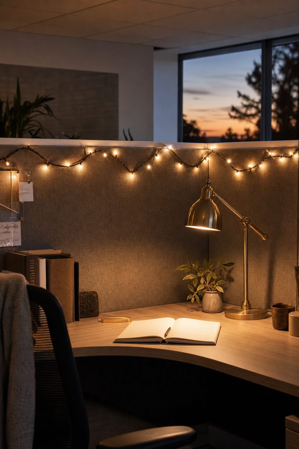 Warm white string lights along a gray cubicle panel with a brass task lamp glowing over an open notebook at dusk