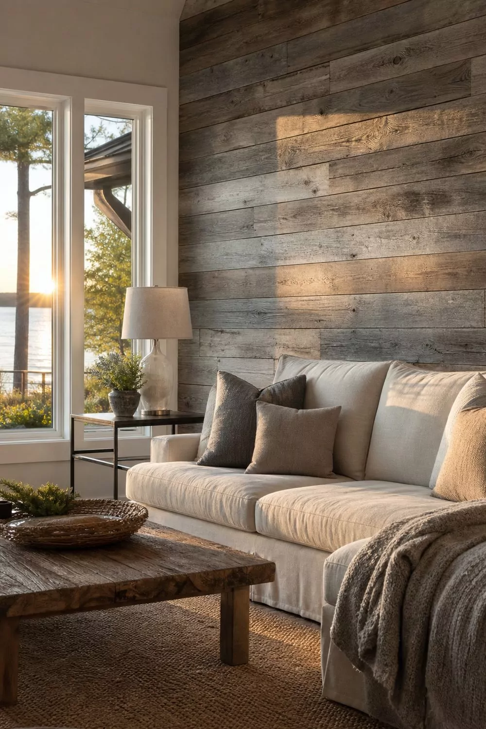 Weathered gray wood accent wall ranging from silver to taupe to charcoal in a laid-back lake house family room