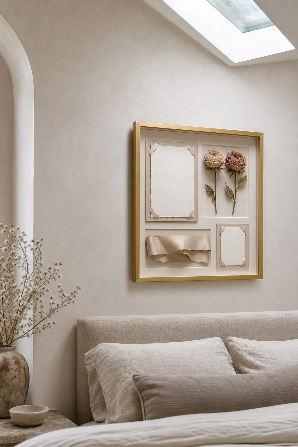 Wedding shadow box with an invitation, preserved bouquet blooms and satin ribbon on a cream mat in a soft gold frame