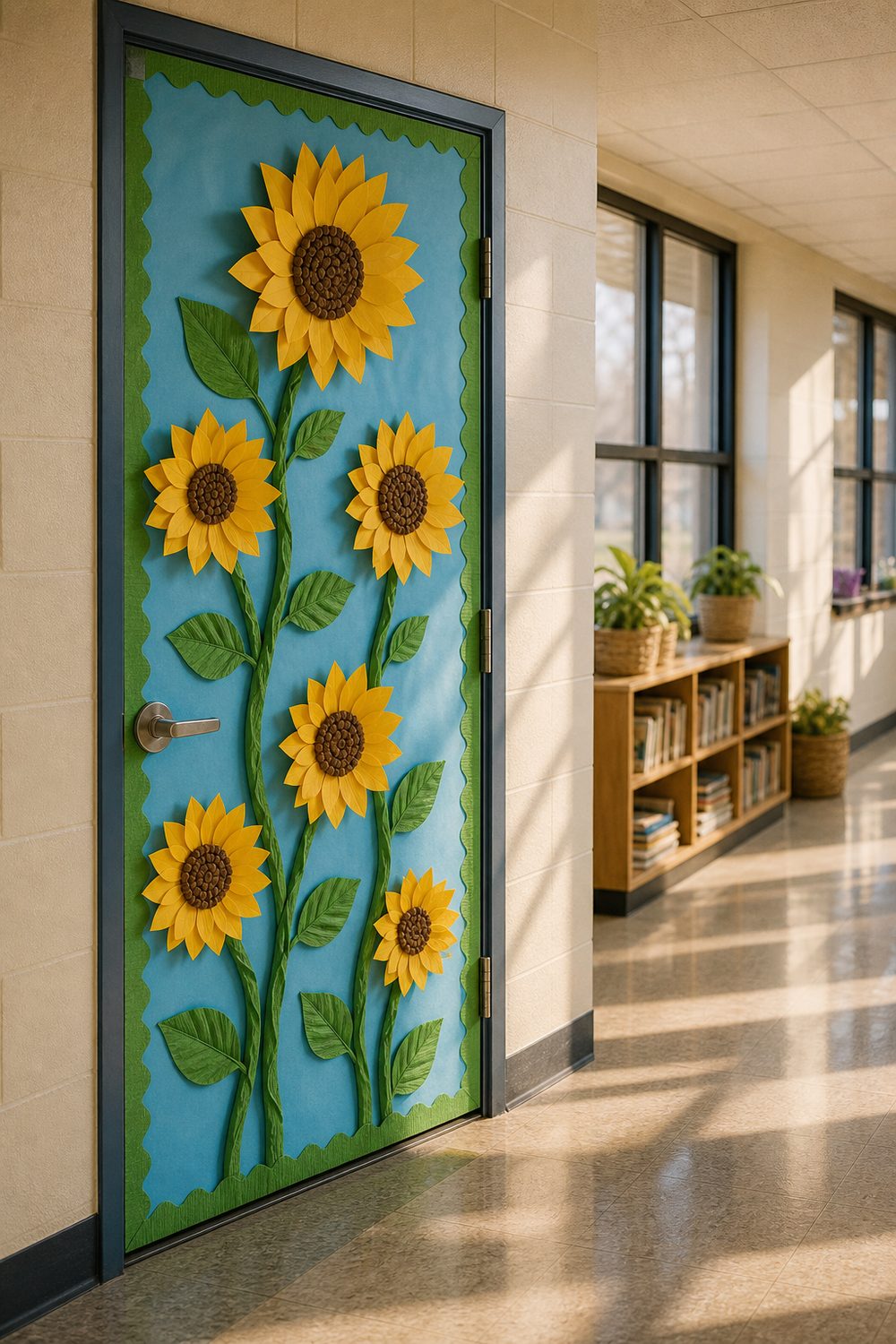 Classroom door decorated with handmade paper sunflowers on sky blue background, green scalloped border, warm school hallway light