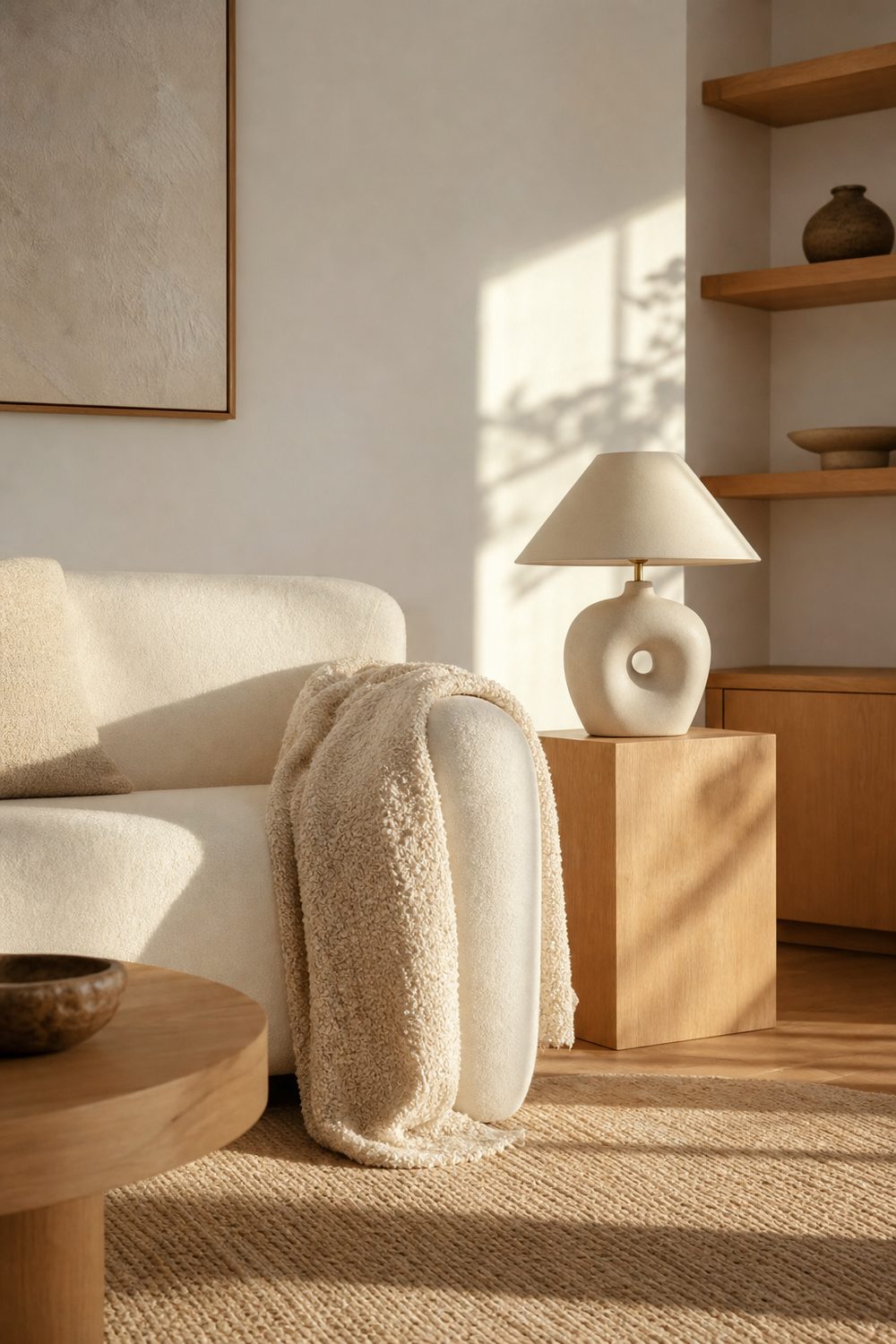 White minimalist IKEA living room with a clean-lined white sofa, warm oak accents, and a sculptural ceramic lamp