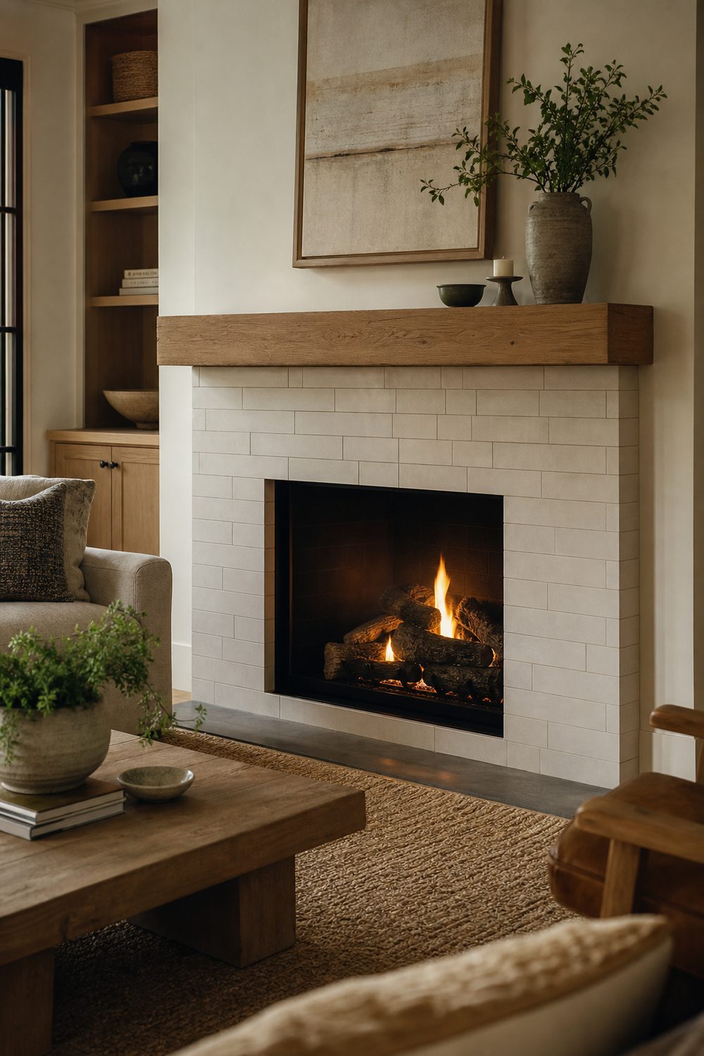 Fresh fireplace with a soft warm-white tile surround paired with a thick natural white oak mantel and woven rug
