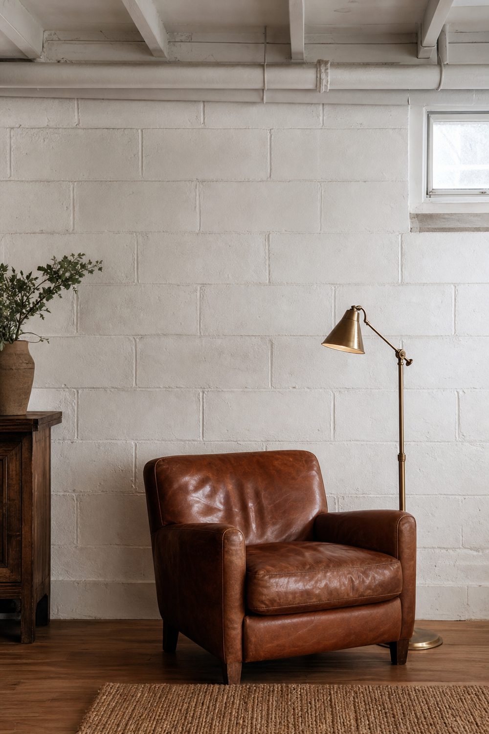 Whitewashed cinder block basement wall with visible texture, a cognac leather chair and aged brass floor lamp