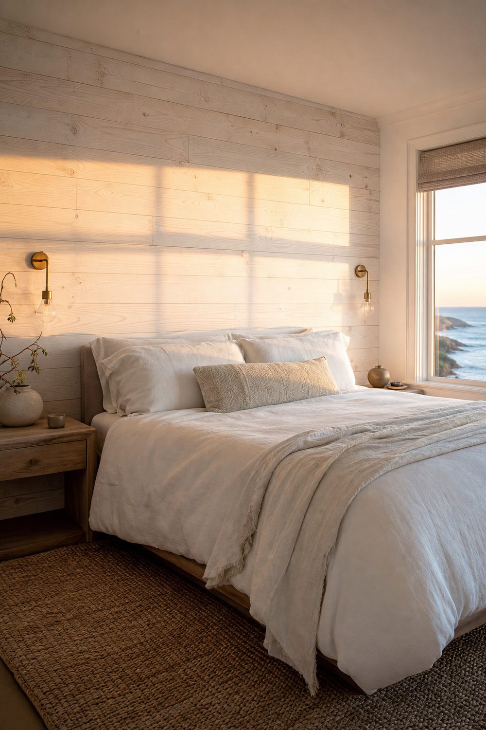 Whitewashed pine plank accent wall with pale limed grain behind a white linen bed in a coastal bedroom