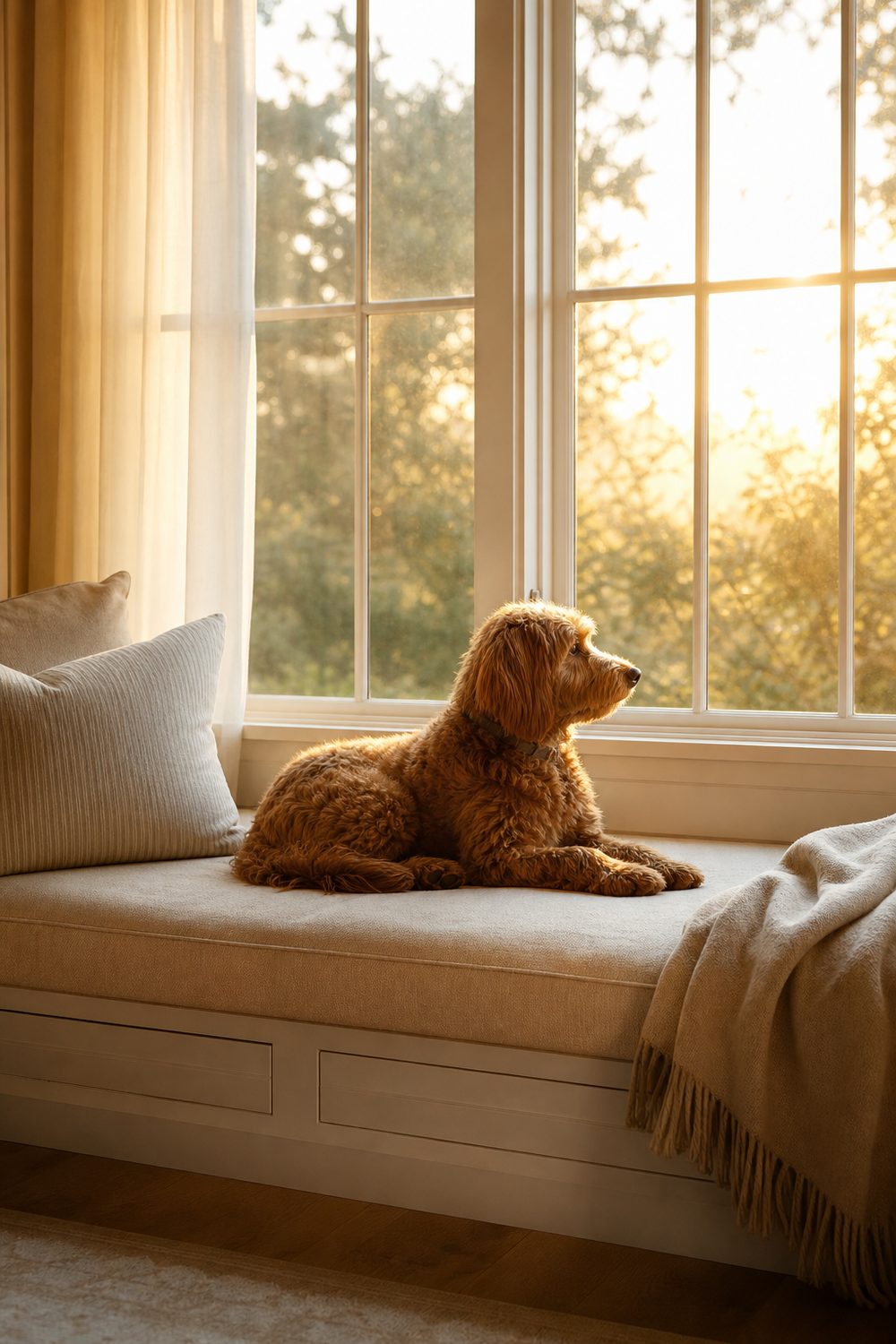 Window perch dog lounge with a padded bench built into a bright bay window and sheer curtains