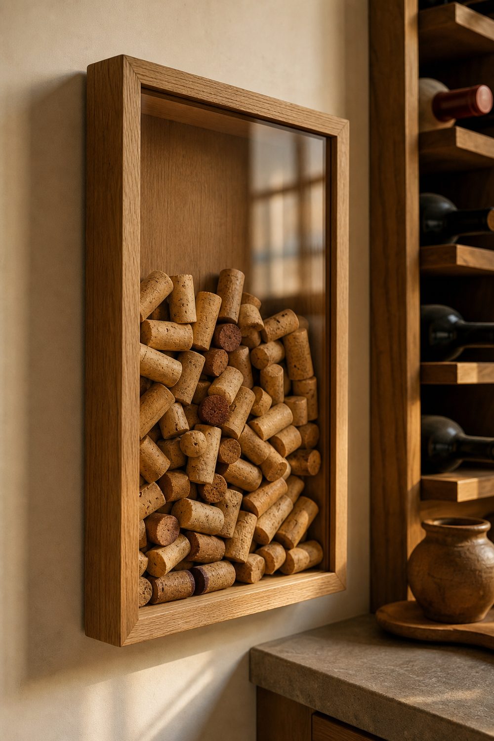 Wine cork shadow box filled with stacked natural corks behind clear glass in a natural oak frame on a kitchen wall