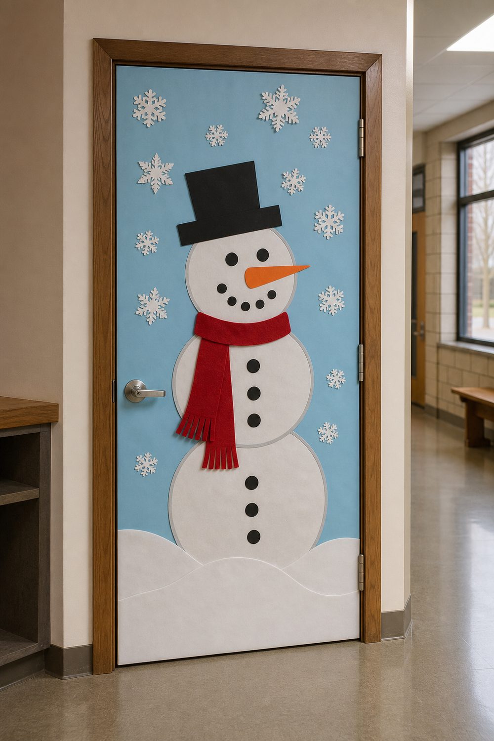 Winter classroom door with paper snowman in red felt scarf and black top hat, cut paper snowflakes on powder blue background
