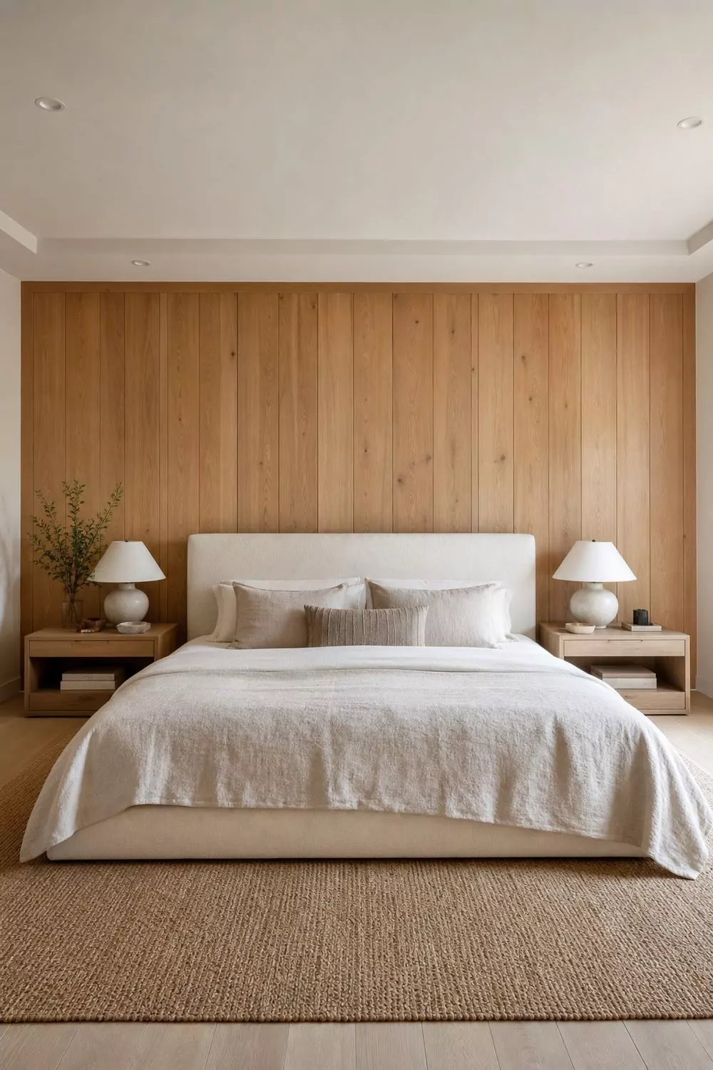 Warm white-oak vertical plank accent wall spanning the full width behind an ivory upholstered bed in a primary bedroom
