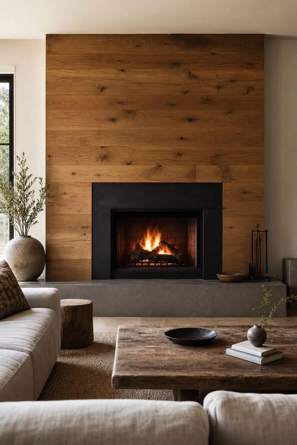 Natural oak wood accent wall framing a modern blackened steel fireplace with a concrete hearth in a living room