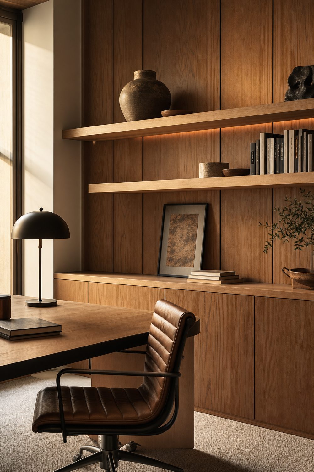Warm oak wood panel accent wall with integrated floating shelves styled with books and ceramics in a home office