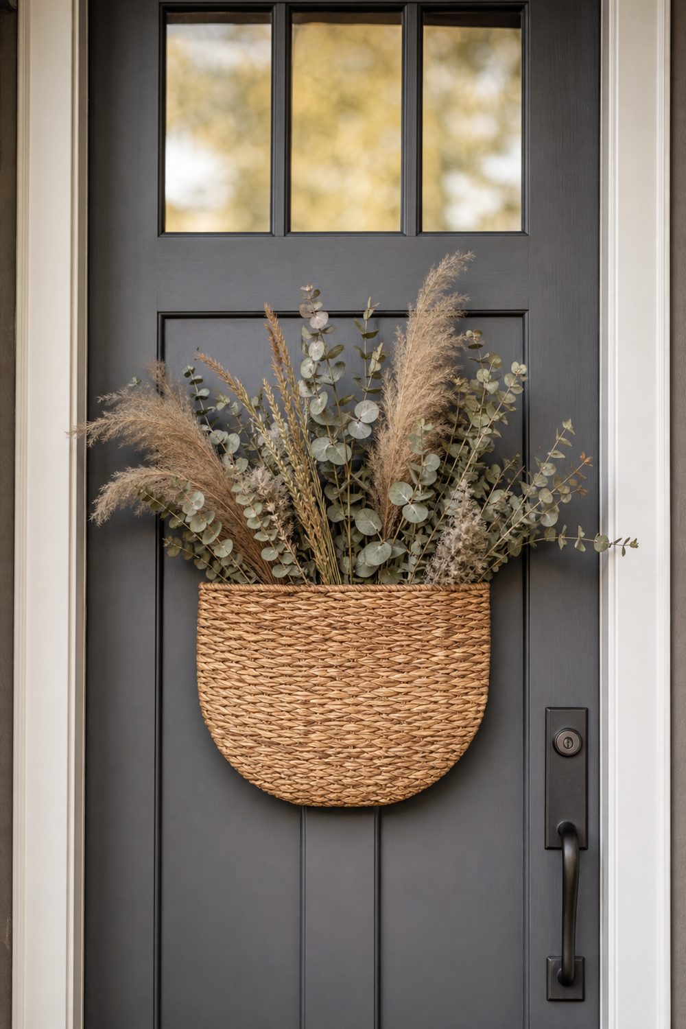 Flat-backed woven basket filled with dried grasses and eucalyptus hung on a modern front door instead of a wreath, soft morning light