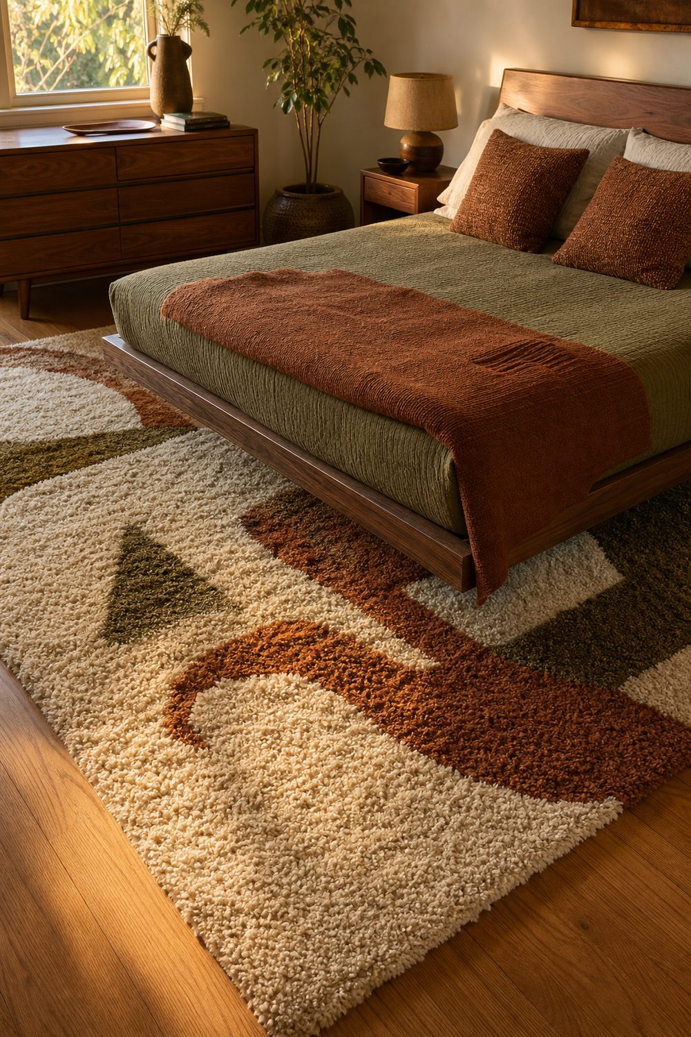 Thick abstract shag rug in cream, rust and olive under a low walnut platform bed on warm oak floorboards