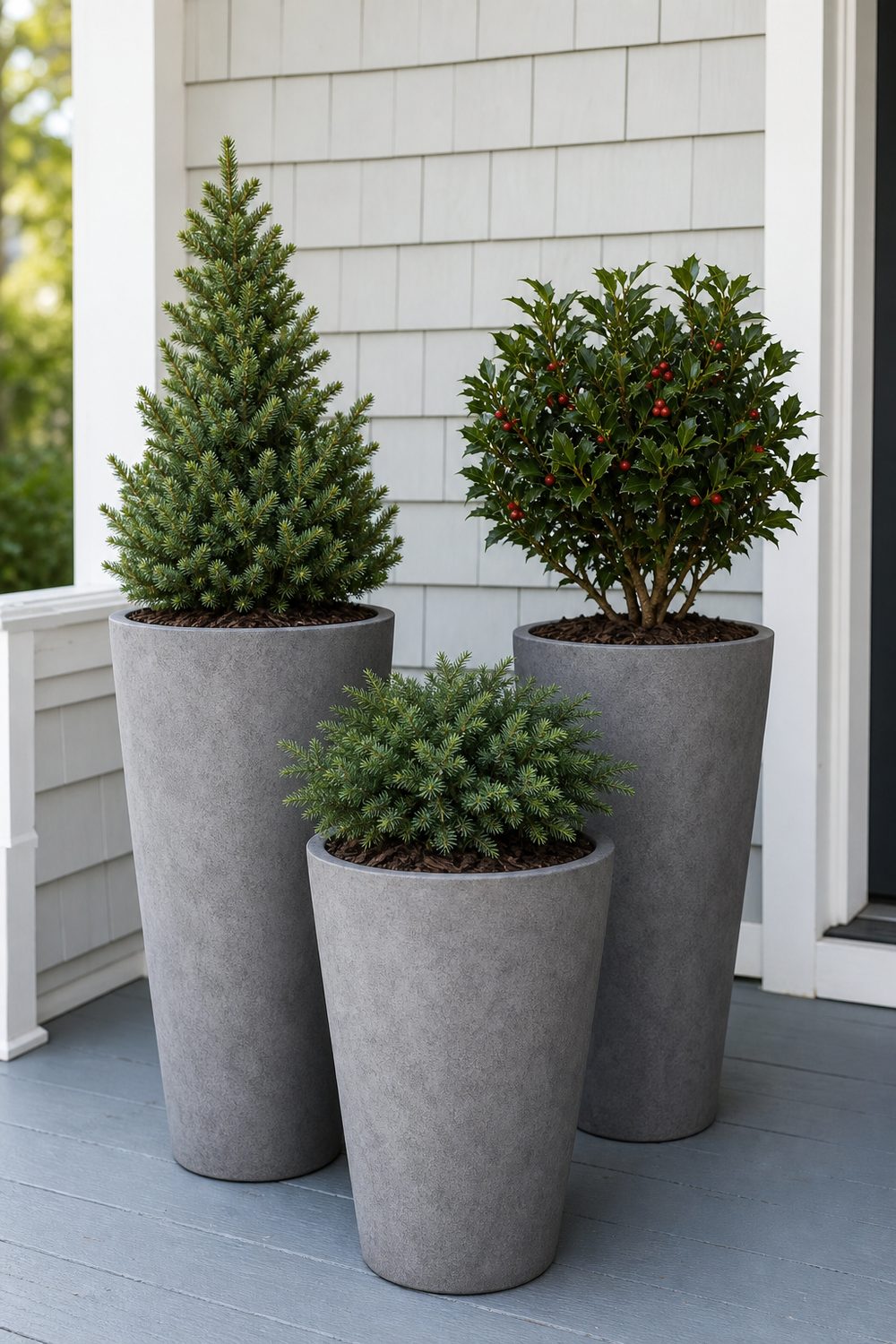Three graduated grey planters holding dwarf spruce, holly and juniper with bark mulch on a painted porch floor