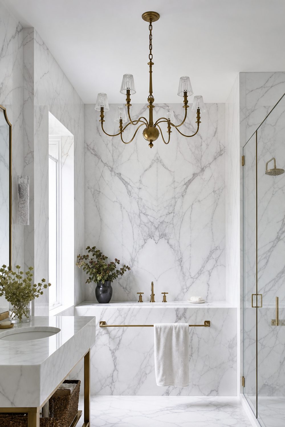 Antique brass chandelier with fluted glass shades hanging in a bathroom with book matched white marble slab walls
