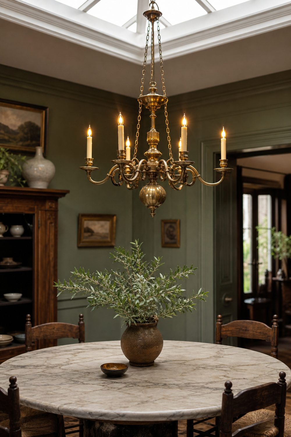 Aged brass candle chandelier glowing over a round marble dining table in an olive green room