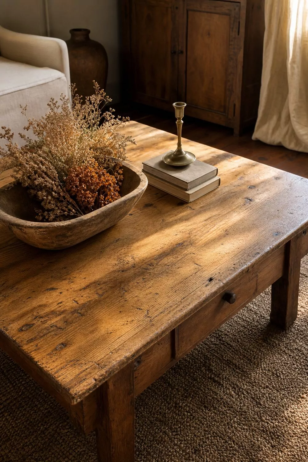 Antique pine coffee table styled with a wooden dough bowl of dried florals, stacked books and a brass candlestick