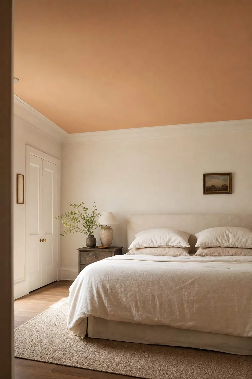 Bedroom with a soft apricot painted ceiling above warm white walls, cream bedding and simple white crown moulding