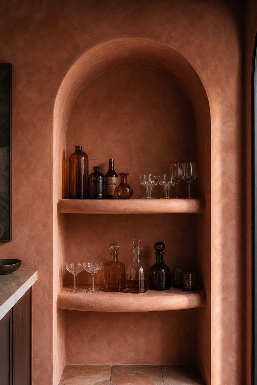 Softly arched plaster niche in a warm terracotta limewash wall with two curved shelves holding amber bottles, decanters and stemware