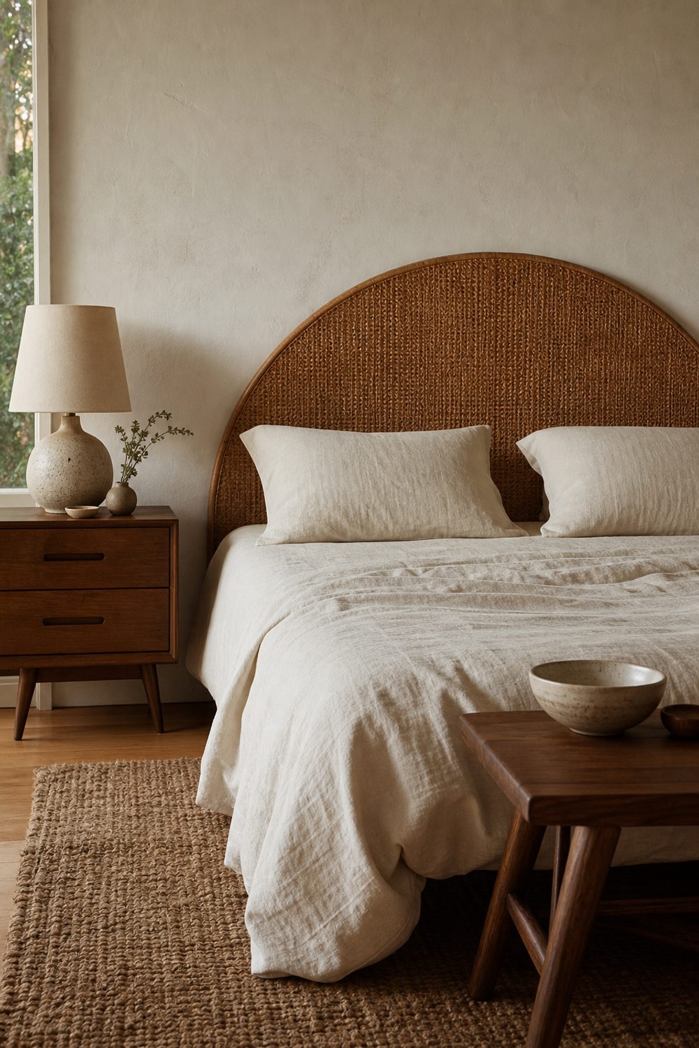 Arched woven rattan headboard behind a low bed with oatmeal linen bedding and two cream pillows