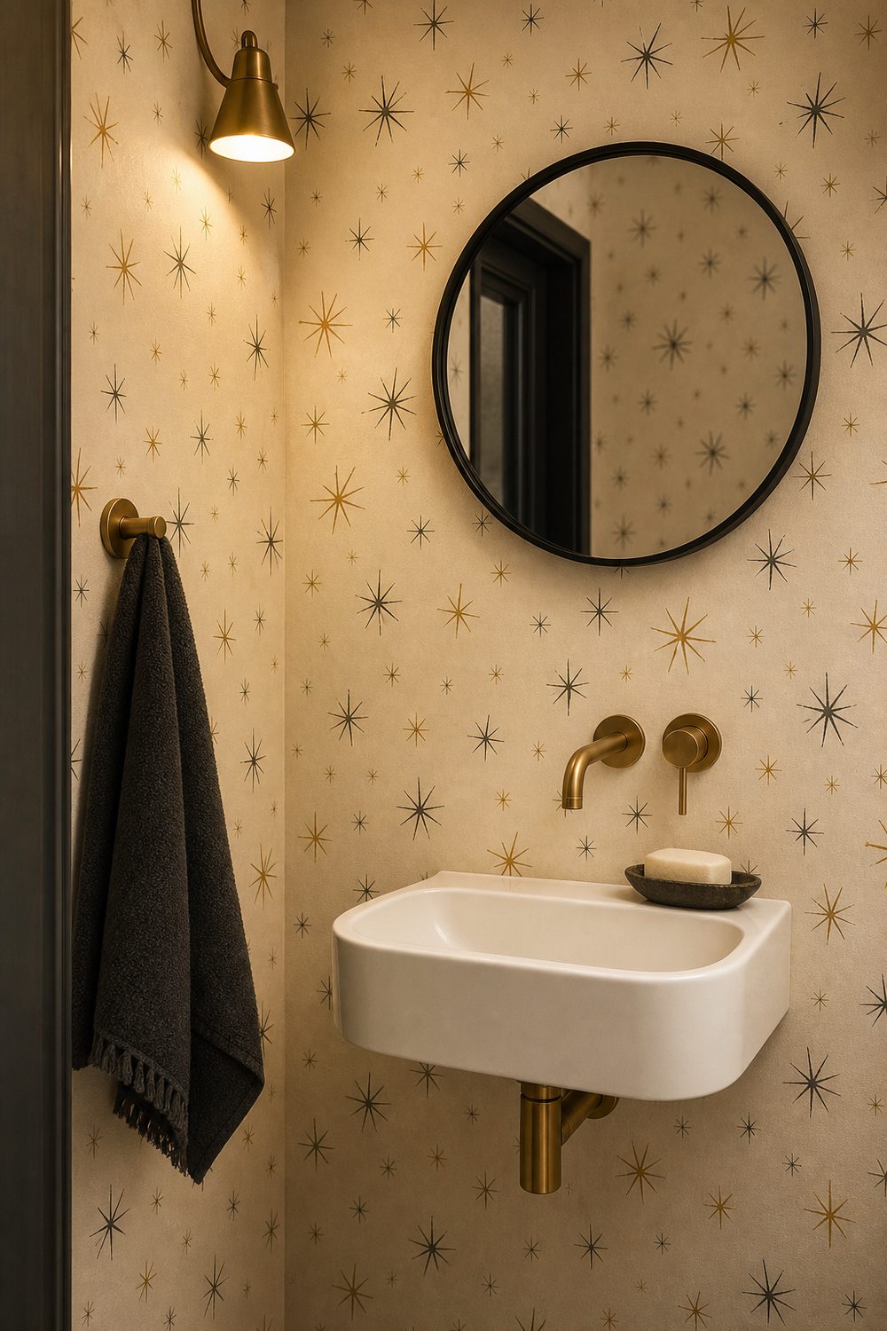Powder room walls in cream wallpaper with gold and black atomic starburst motifs behind a white wall hung basin