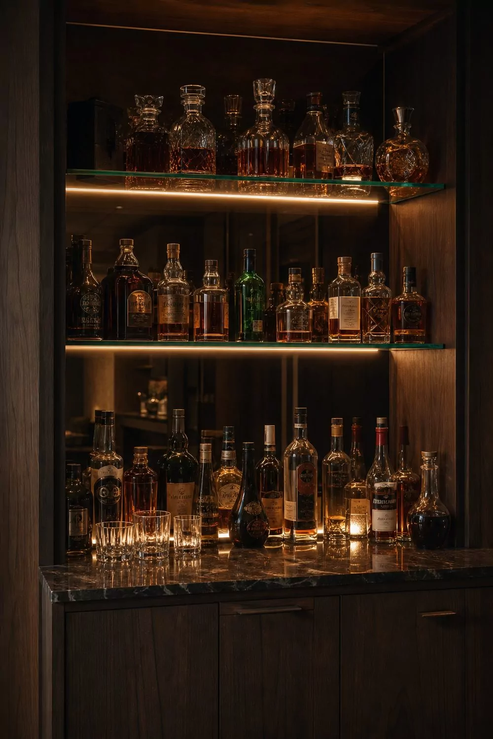 Three tempered glass bar shelves lit from beneath by warm LED strips against a smoked bronze mirror panel and dark walnut cabinetry