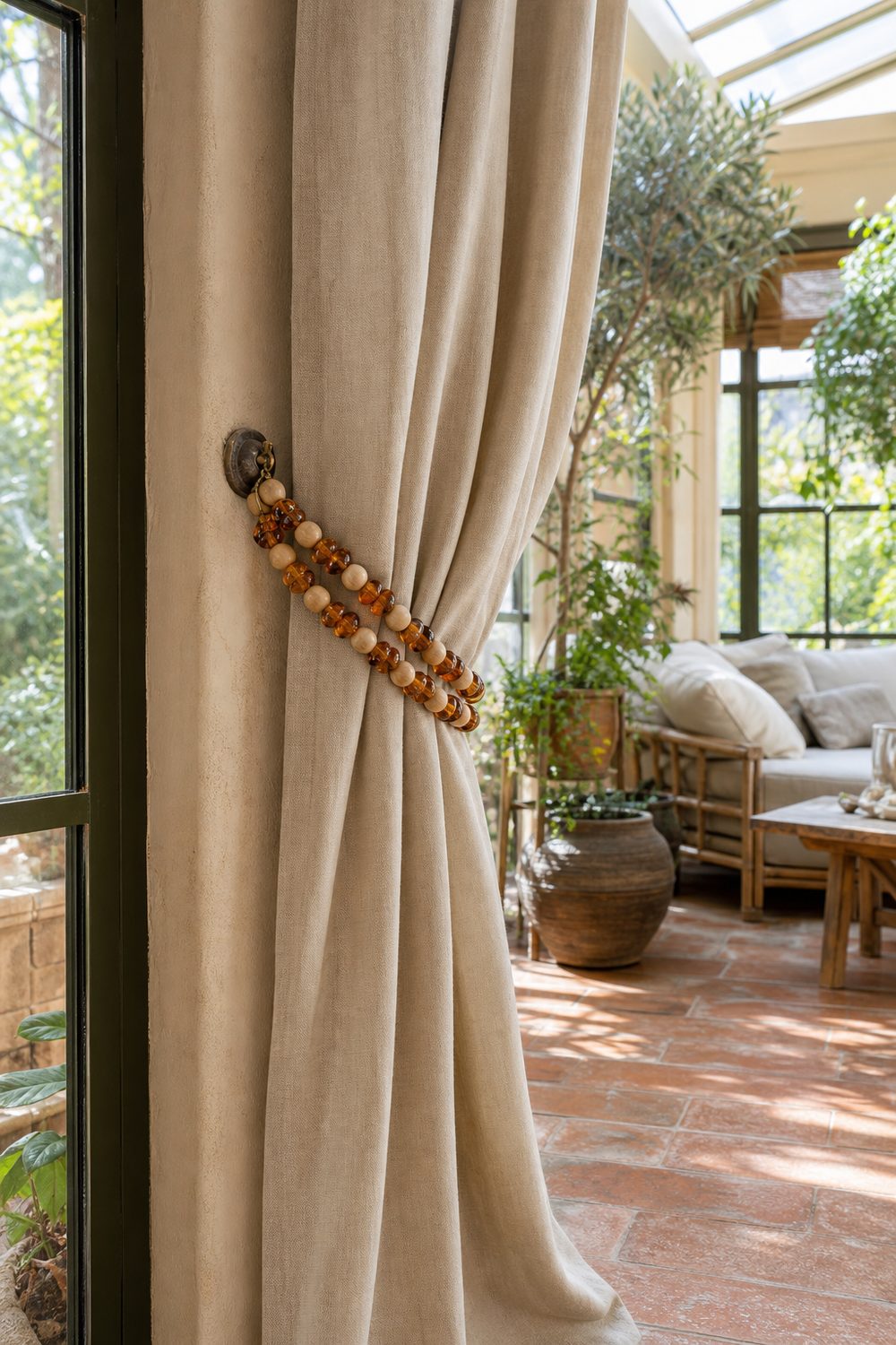 Strand of amber glass and natural wood beads looped twice around a sand colored linen drape in a sunny sunroom