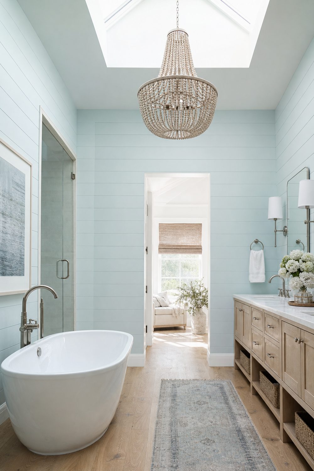 Pale bleached wood beaded chandelier hanging in a coastal bathroom with pale blue shiplap walls and white oak flooring