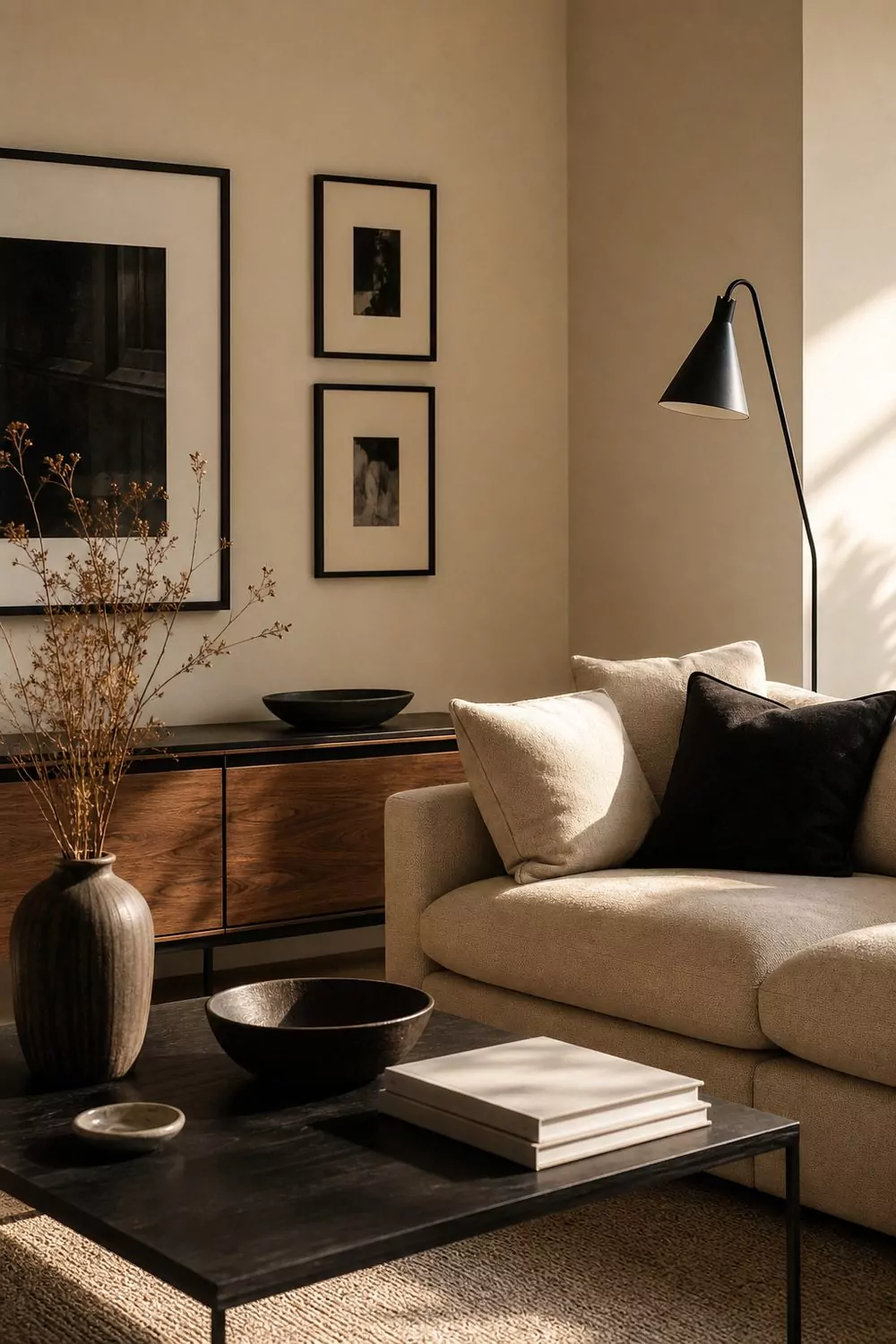 Beige living room with a black metal floor lamp, walnut and black console and beige wool sofa against a warm beige wall
