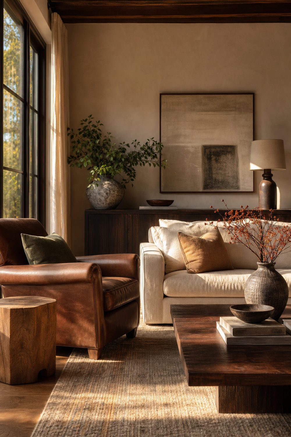 Beige sofa with a cognac leather armchair and dark walnut console in an earthy living room lit by golden evening light