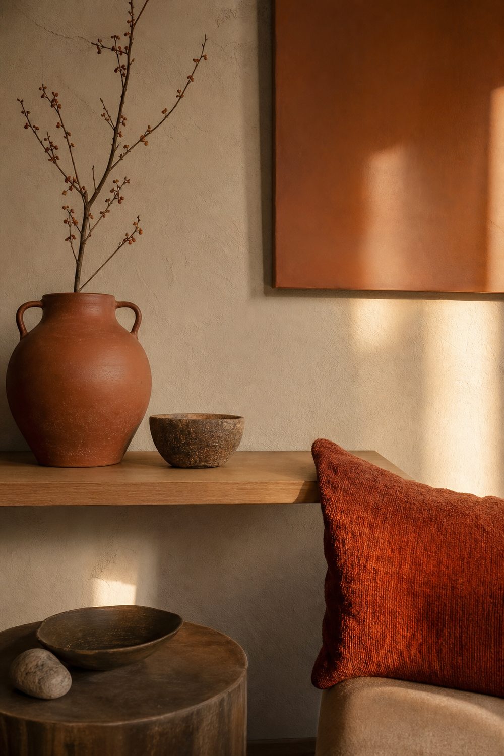 Terracotta stoneware vessels and a rust wool cushion against a beige plaster wall on a pale oak shelf