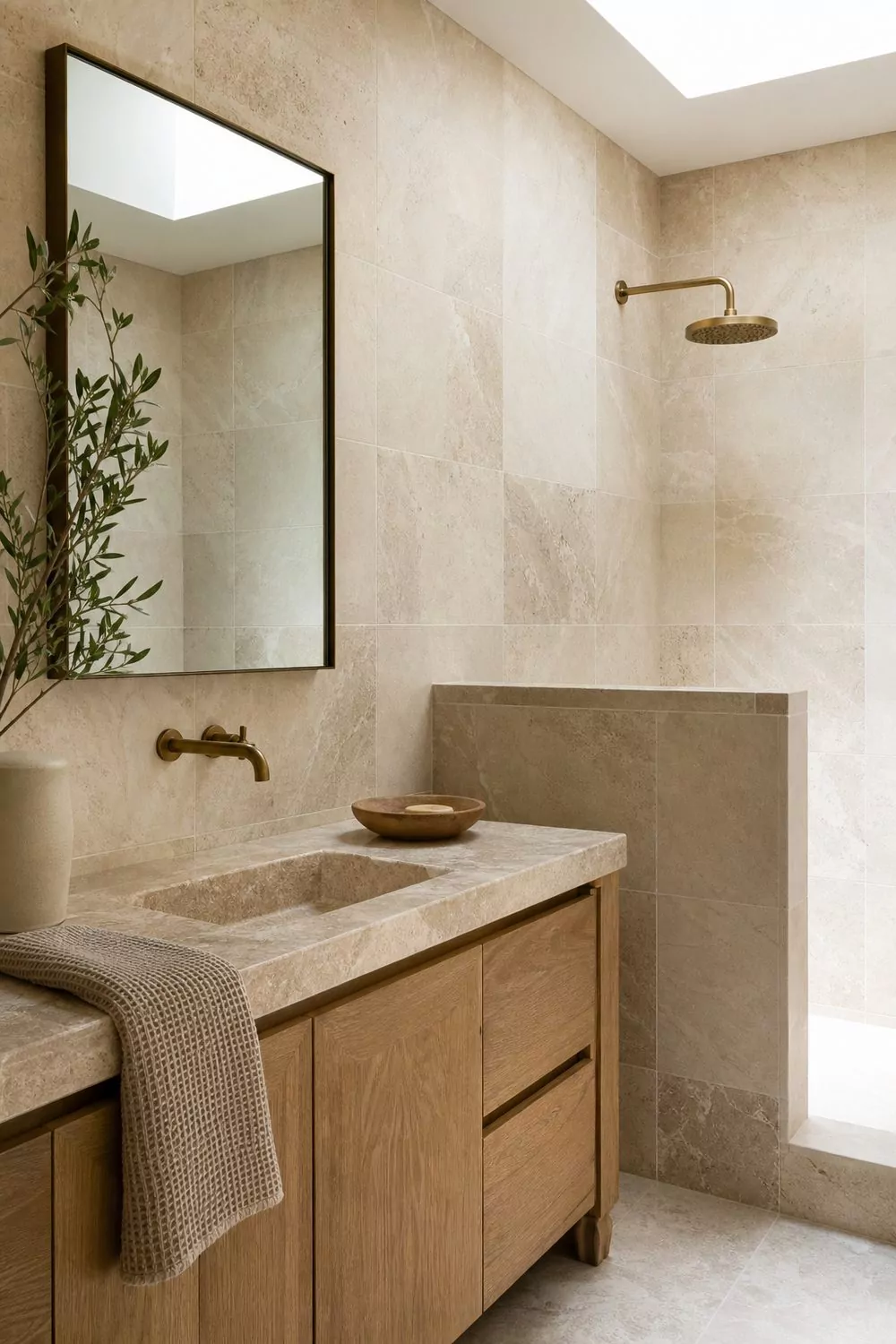Beige bathroom with honed limestone tile, travertine counter and aged brass tapware under bright skylight