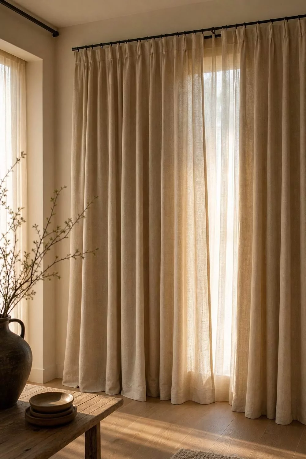 Floor to ceiling beige linen curtains on a matte black rod filtering warm evening light onto a pale oak floor