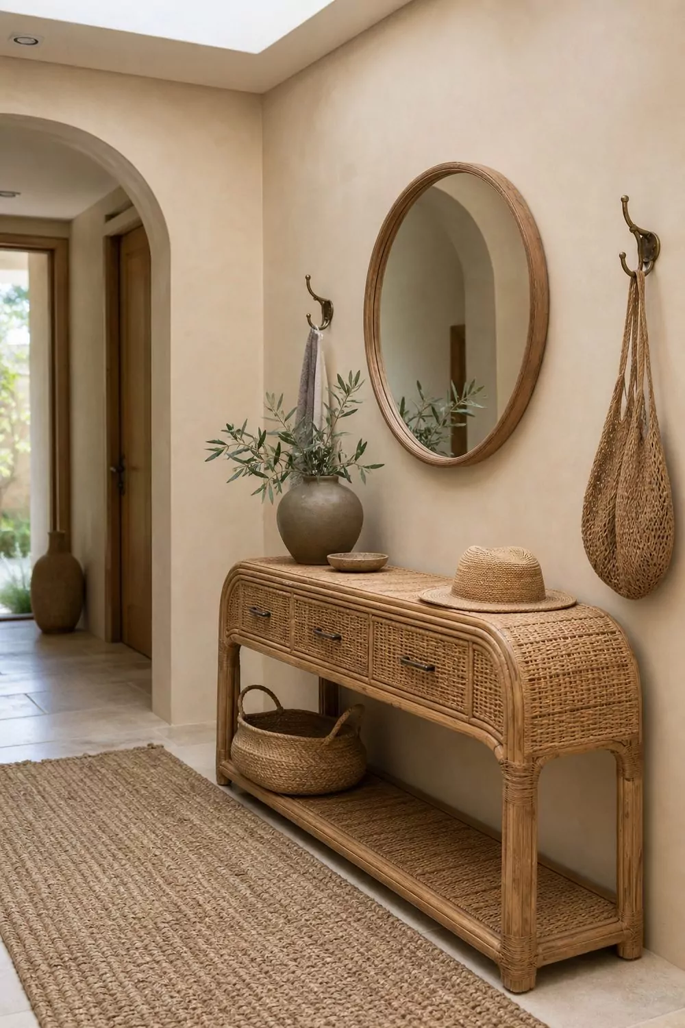 Beige entryway with a rattan console, jute runner and woven basket against a beige plaster wall in bright daylight