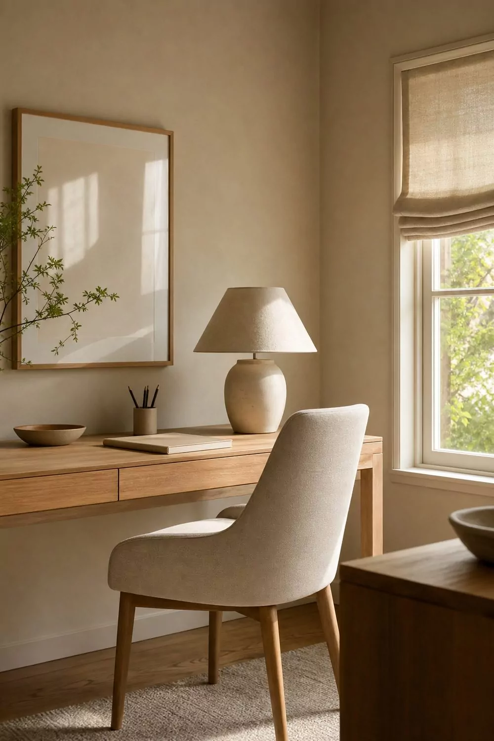 Beige home office with a linen upholstered chair, light oak desk and natural linen shade in soft morning light