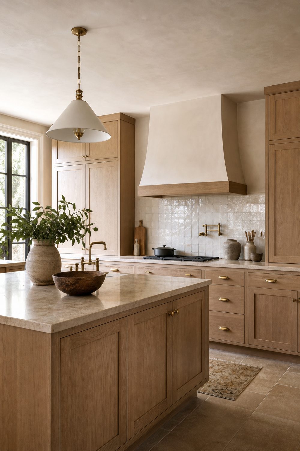 Beige kitchen with warm white oak cabinets, limestone countertop, brass pulls and cream zellige backsplash in morning light