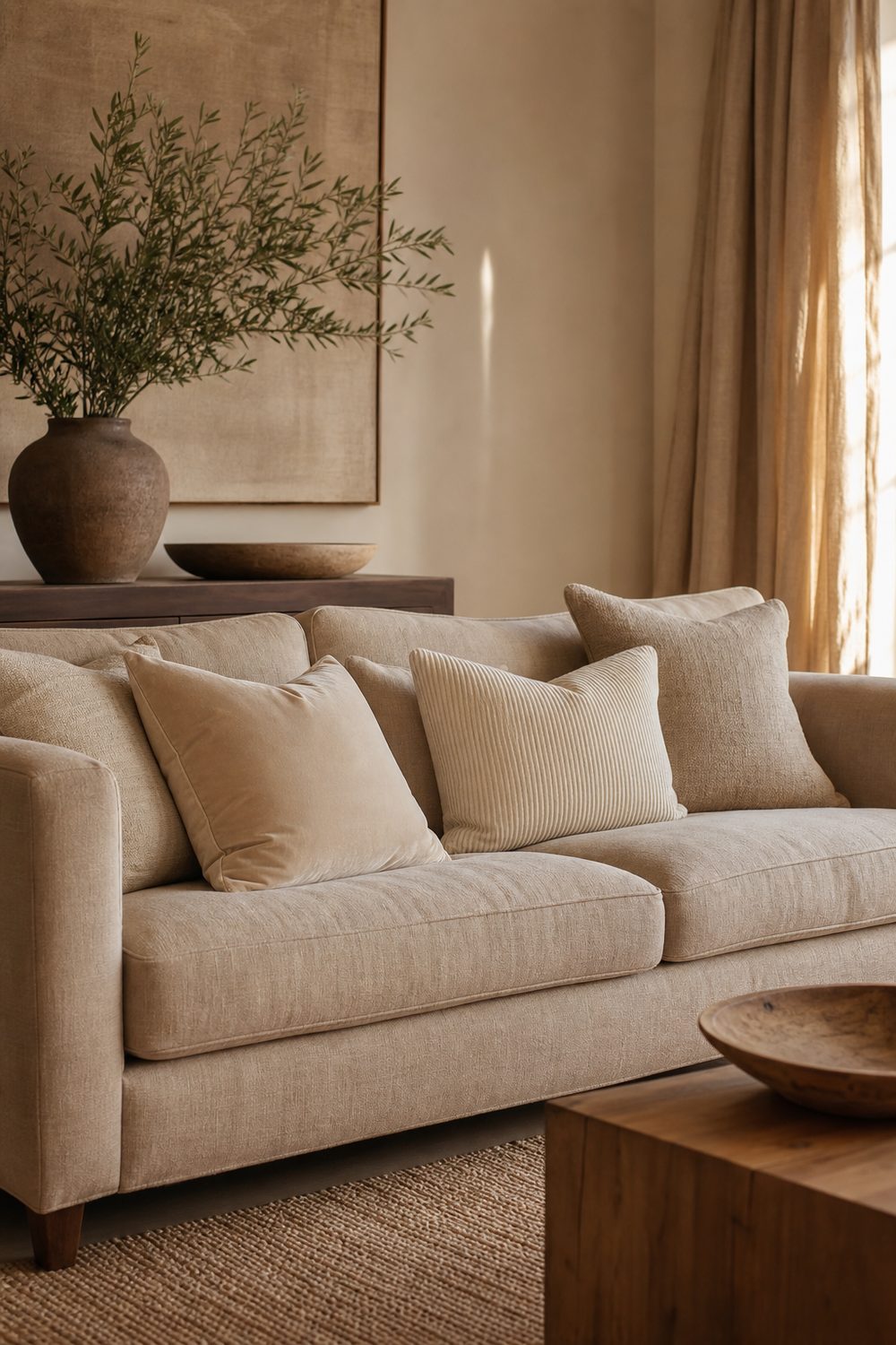 Beige linen three seat sofa with cream velvet, ribbed cotton and raw linen cushions above a jute rug