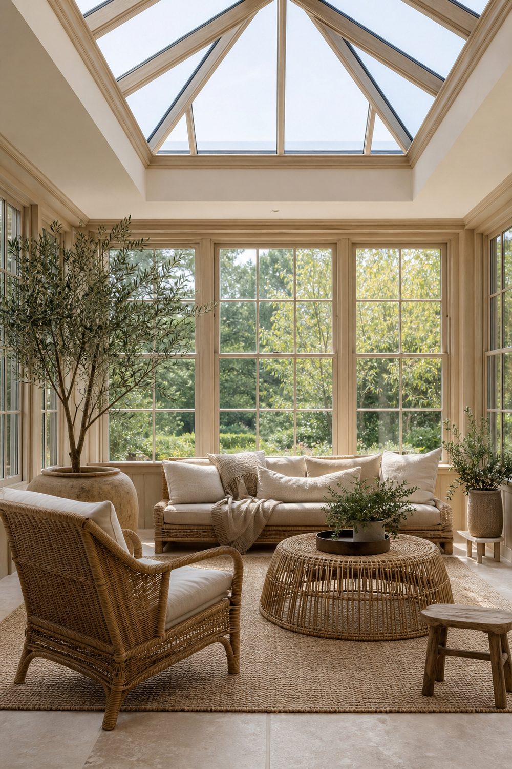 Beige sunroom with a woven rattan lounge chair, canvas cushions, jute rug and potted olive tree beside bright windows