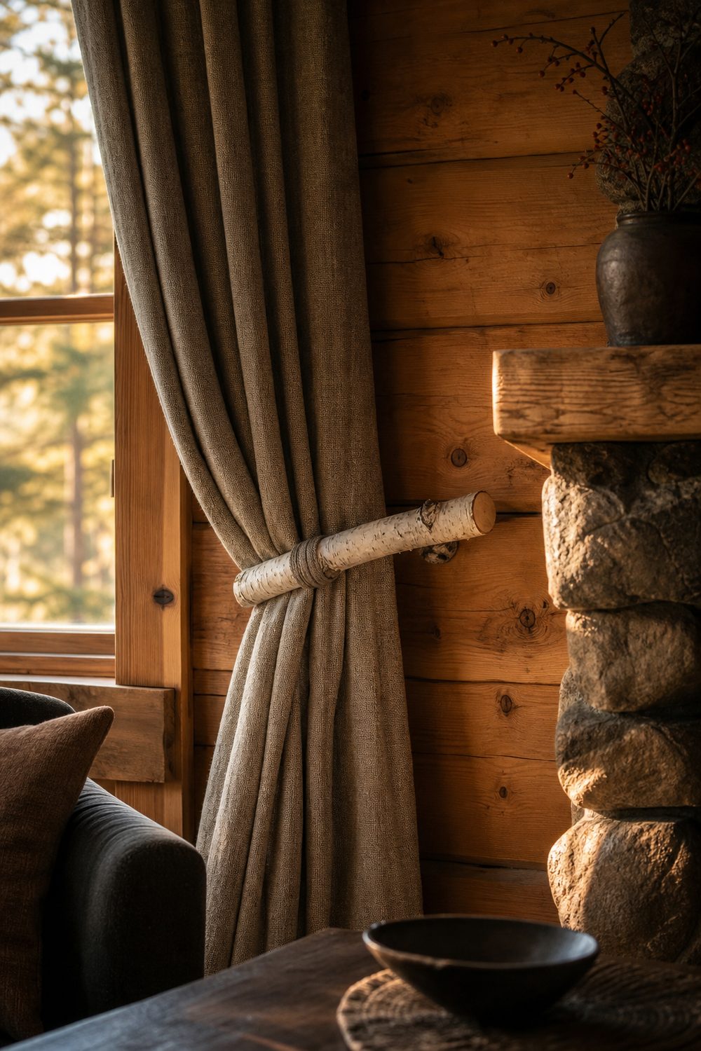 Short peeled birch branch with white bark mounted horizontally on a knotty pine wall holding back a wool drape