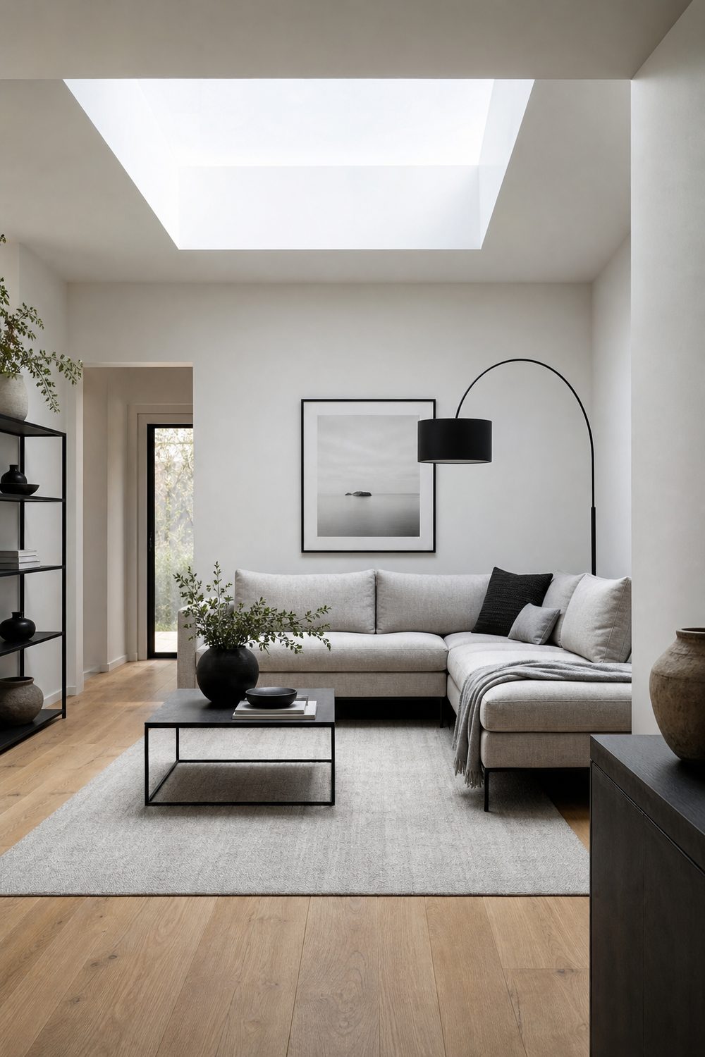 Grey and white living room with matte black arc floor lamp, black framed art and black metal coffee table legs