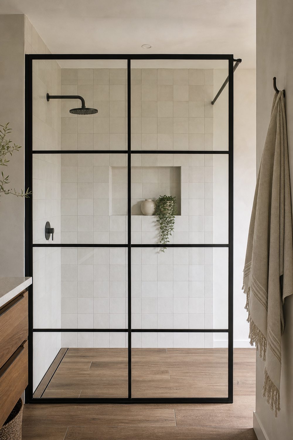 Black grid framed glass shower screen with slim mullions enclosing a cream tiled shower with a black rain head